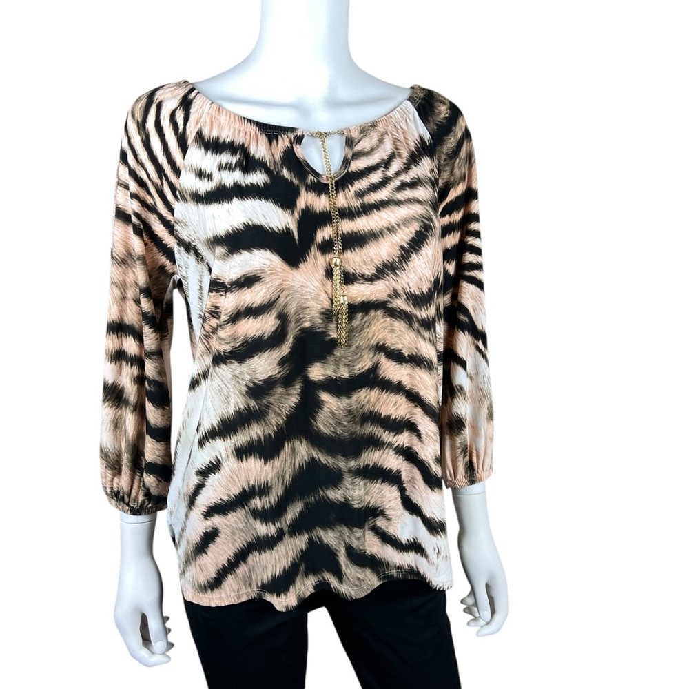 Boston Proper Animal Print Pullover Blouse Gold Chain Neck Detail Size XS